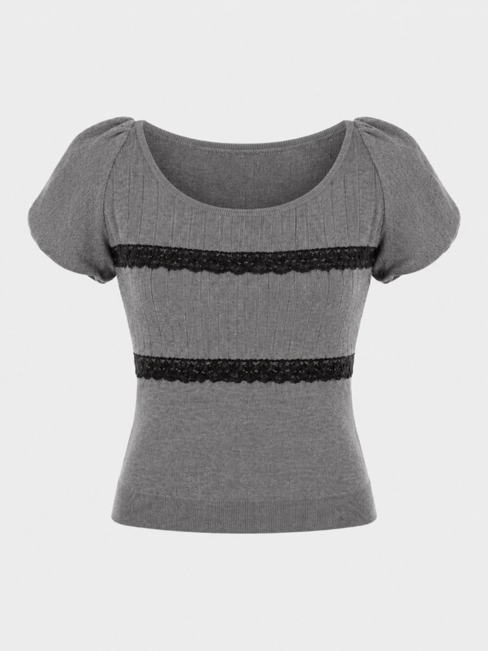 RED Valentino Women’s Gray Knit Short Sleeve Sweater Black Lace 100% wool XS